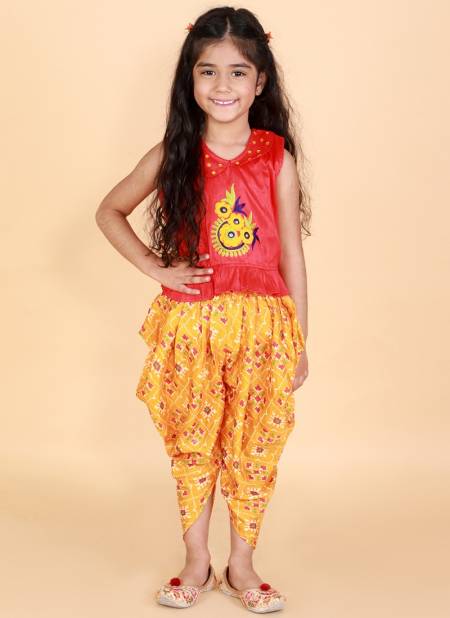 Yellow And Red Colour KID1 Mira Frilly Festive Wear Sleeves Peplum Top with Dhoti Girls Collection K22DG167RDYE